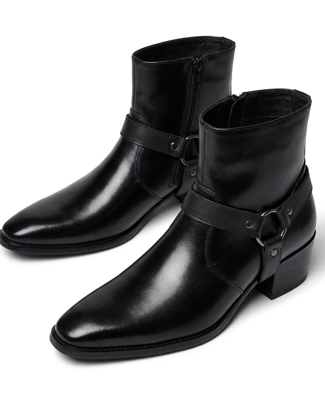 Men's Leather Harness Ankle Boots with Pointed Toe & Stacked Heel