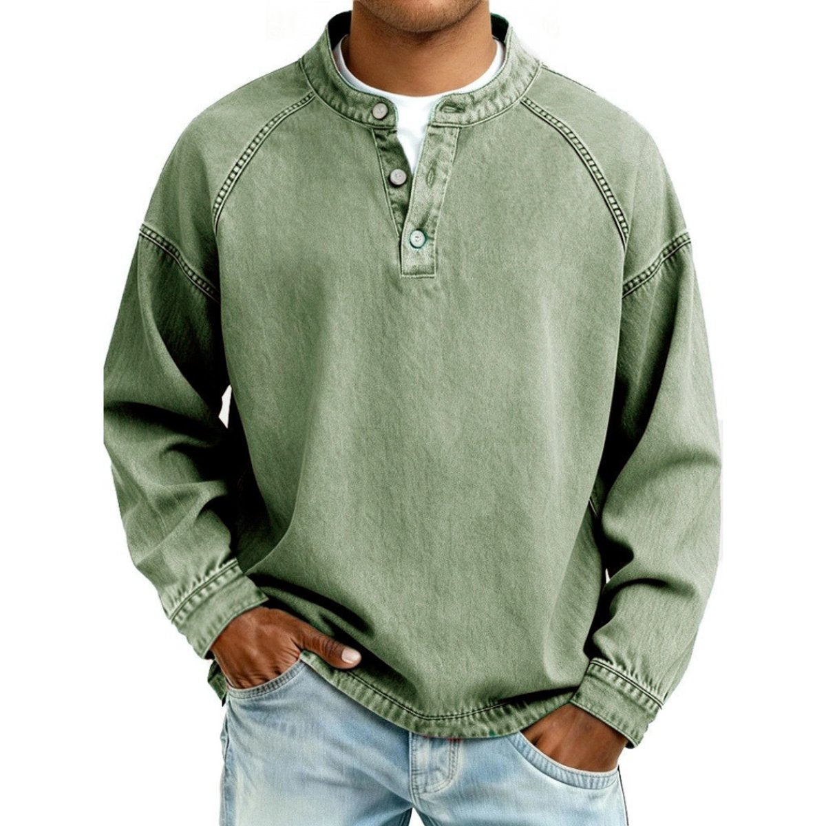 Men's Vintage Washed Denim-Look Pullover Jumper