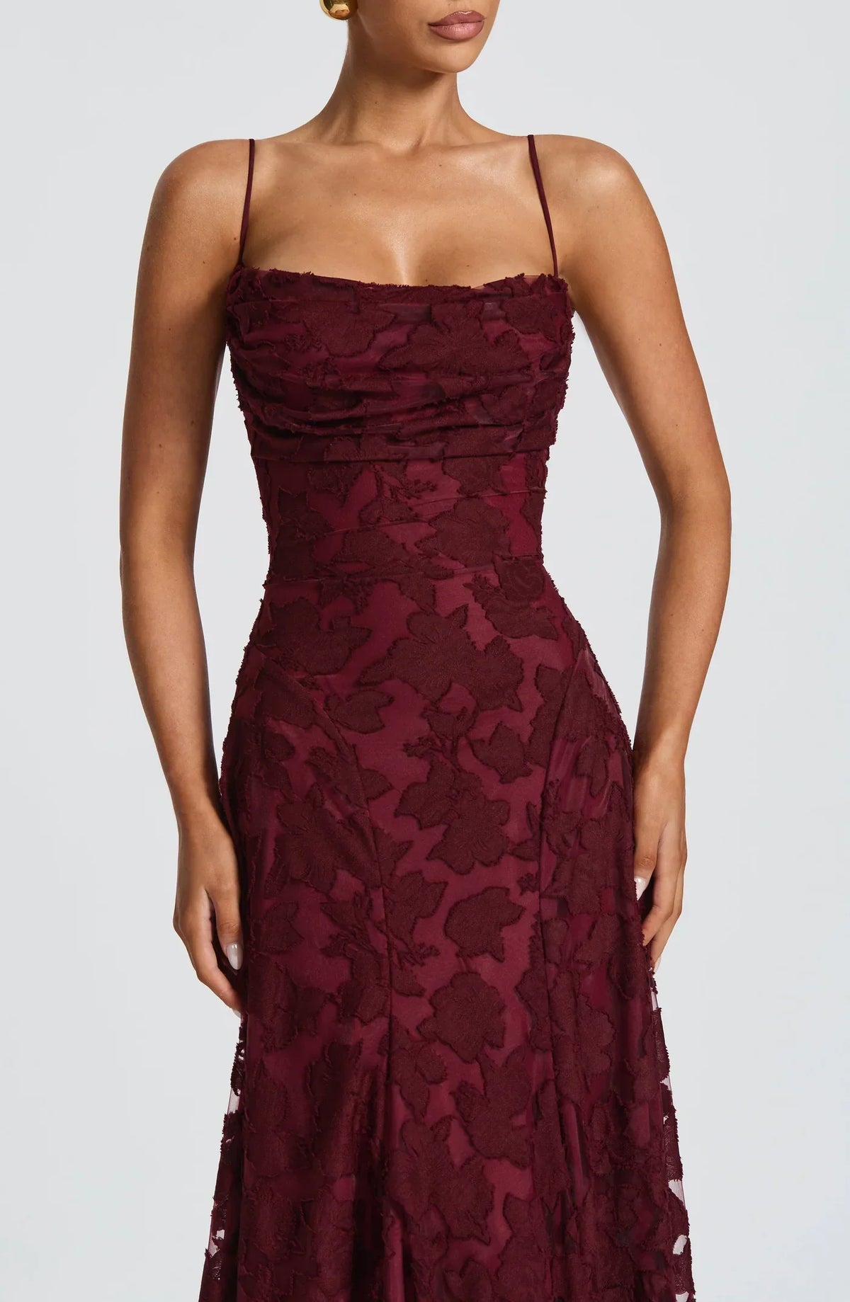 Burgundy Jacquard Maxi Gown – Women's Evening Dress