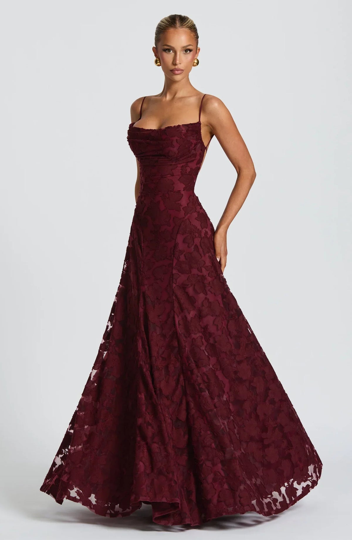 Burgundy Jacquard Maxi Gown – Women's Evening Dress