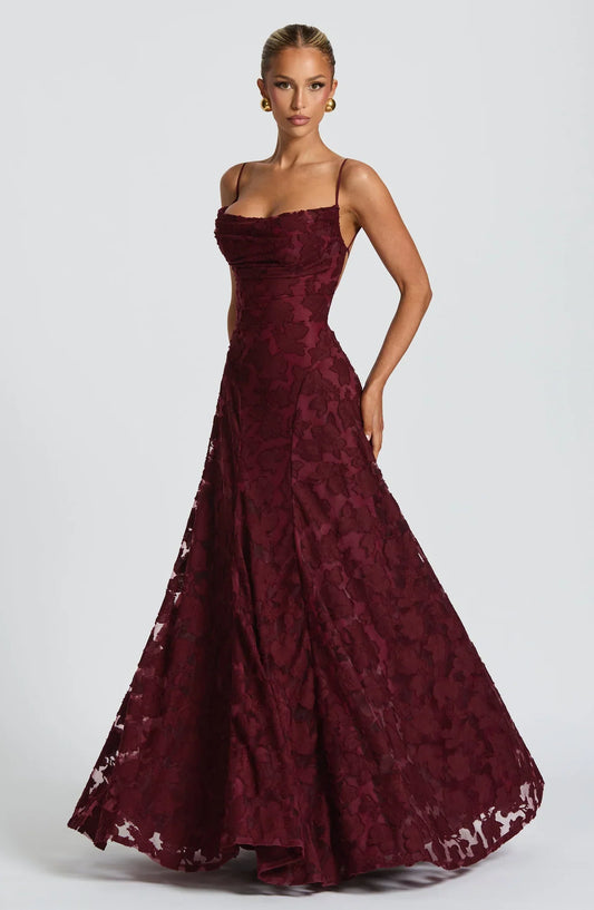 Burgundy Jacquard Maxi Gown – Women's Evening Dress