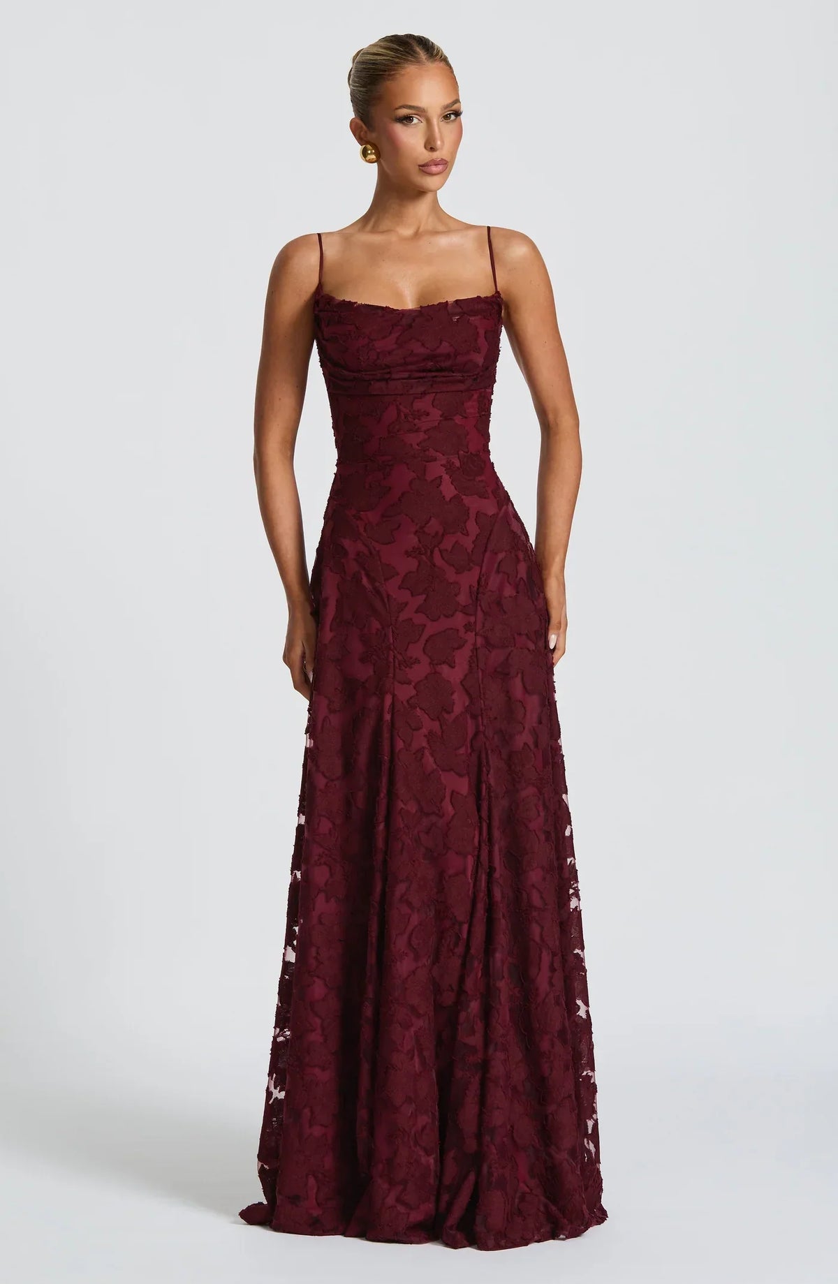 Burgundy Jacquard Maxi Gown – Women's Evening Dress