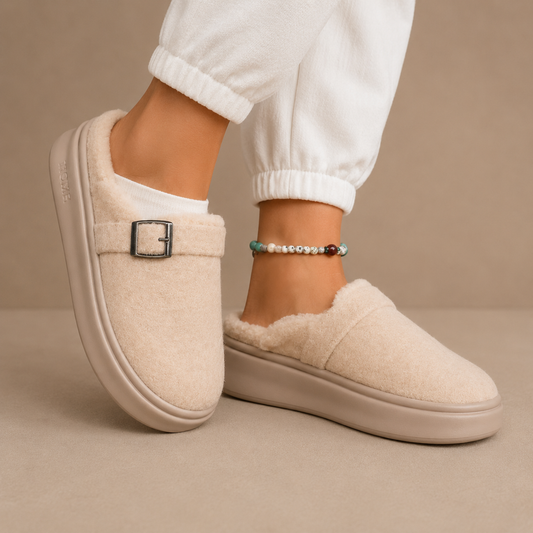 Women's Fleece Slippers with Buckle – Cozy House Shoes