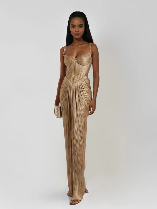 Metallic Corset Maxi Dress for Women – Evening Gown