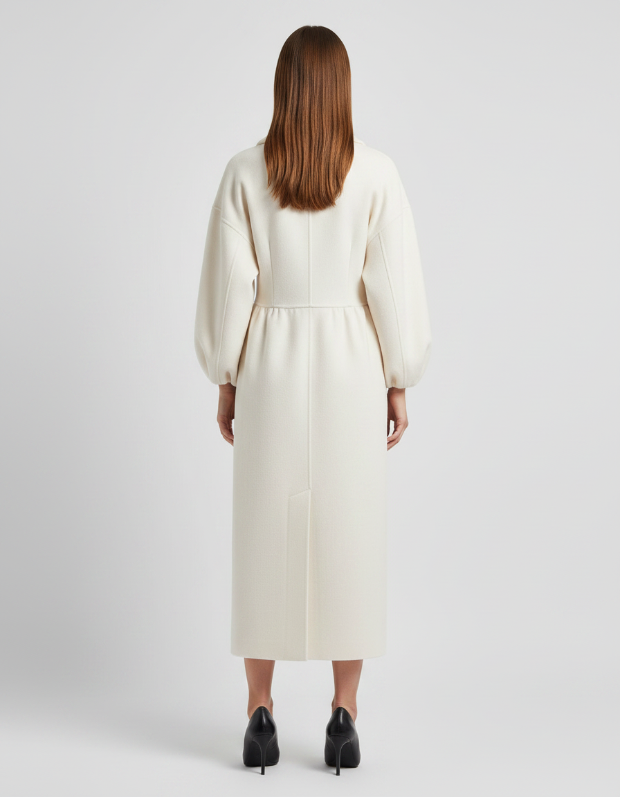 White Maxi Coat Women Double Breasted Balloon Sleeve