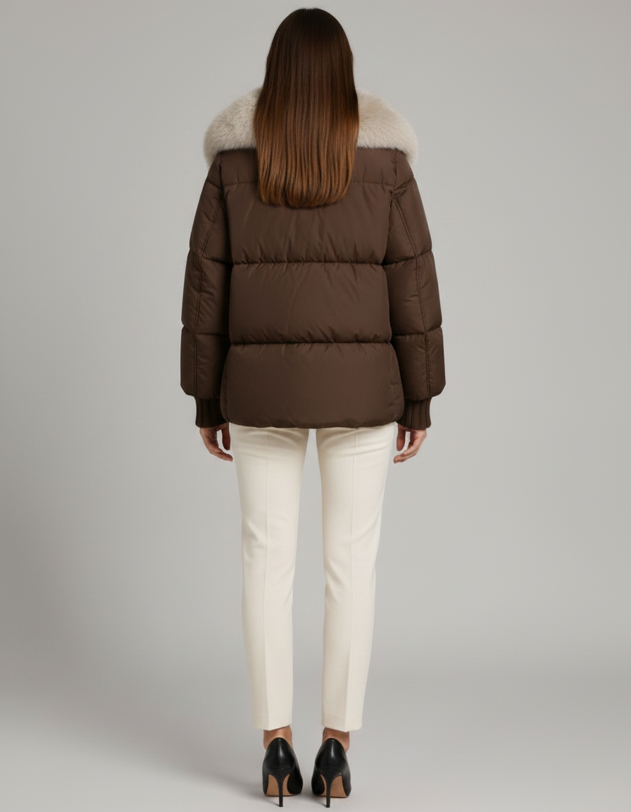 Brown Puffer Jacket with Faux Fur Collar – Cropped Winter Style
