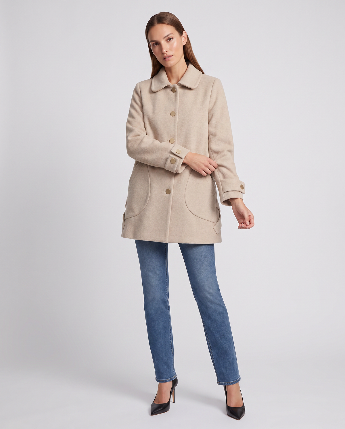 Oversized Mid Length Coat with Round Collar – Black Polyester