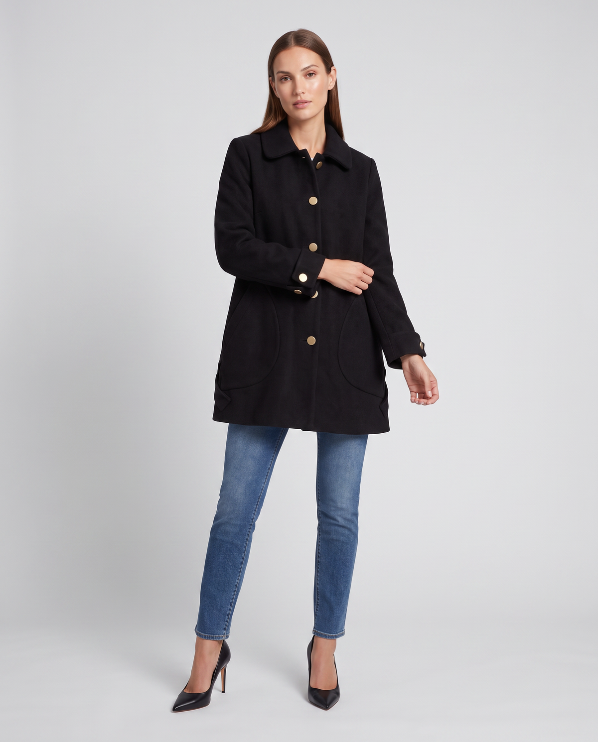Oversized Mid Length Coat with Round Collar – Black Polyester