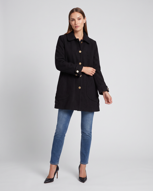 Oversized Mid Length Coat with Round Collar – Black Polyester