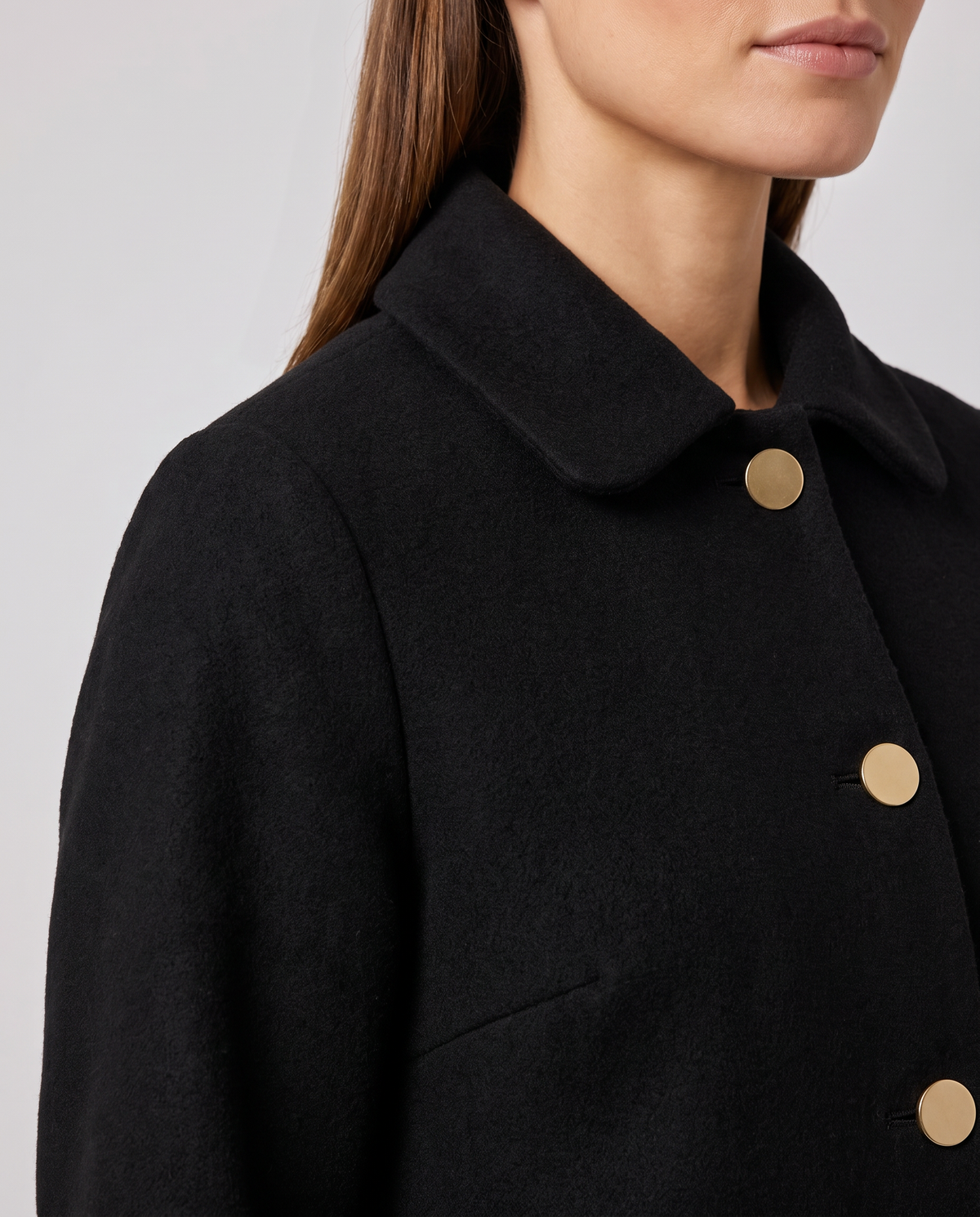 Oversized Mid Length Coat with Round Collar – Black Polyester