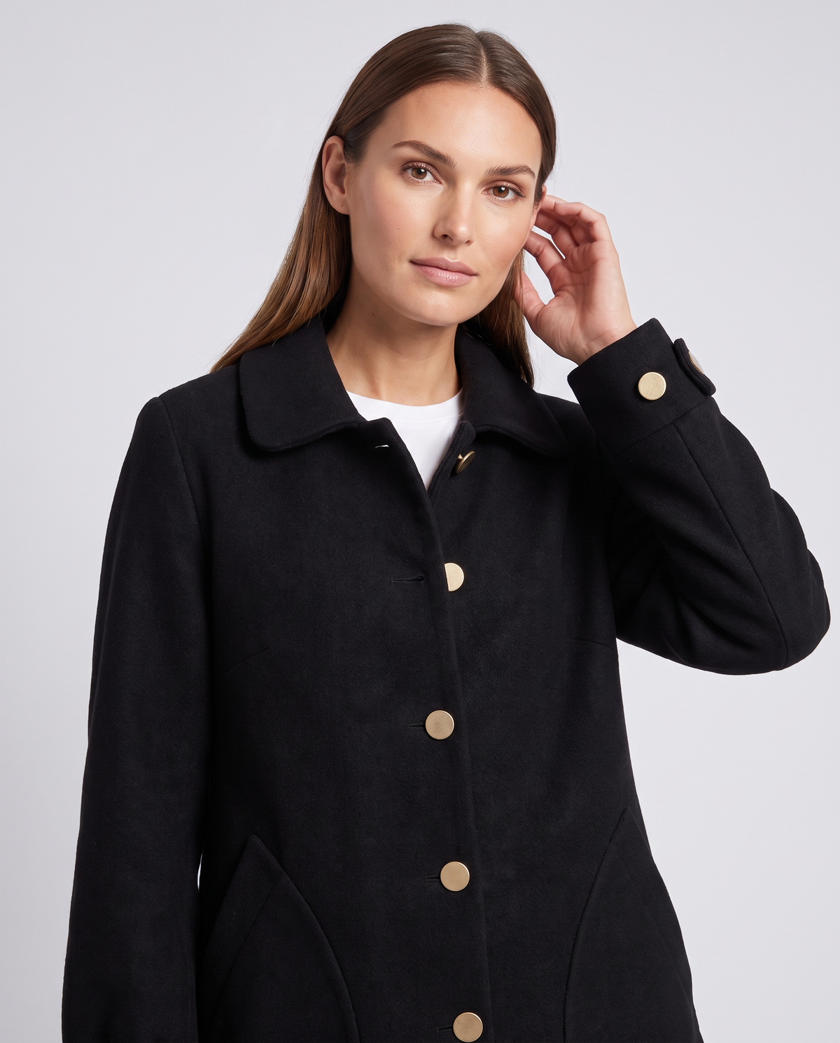 Oversized Mid Length Coat with Round Collar – Black Polyester