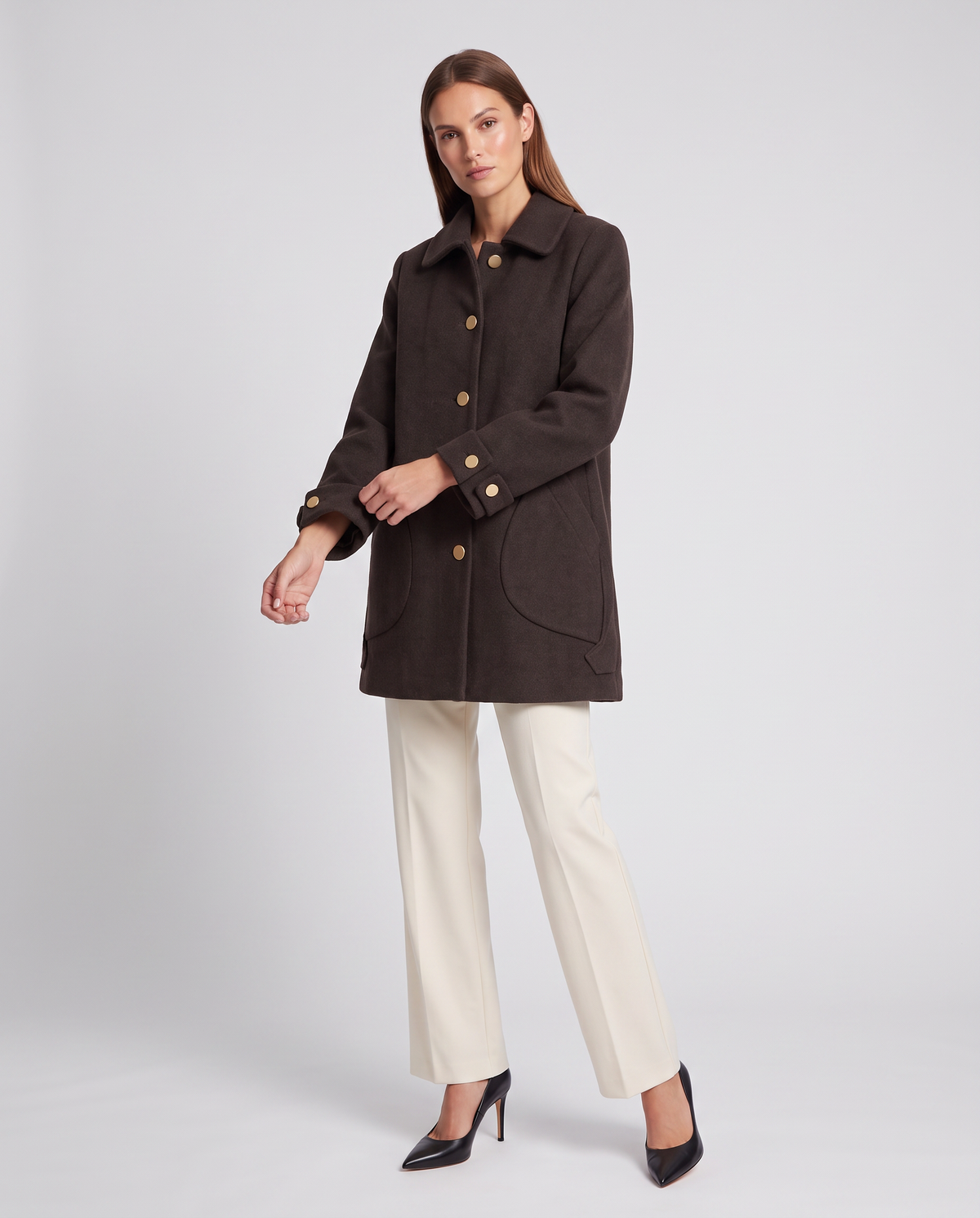 Oversized Mid Length Coat with Round Collar – Black Polyester
