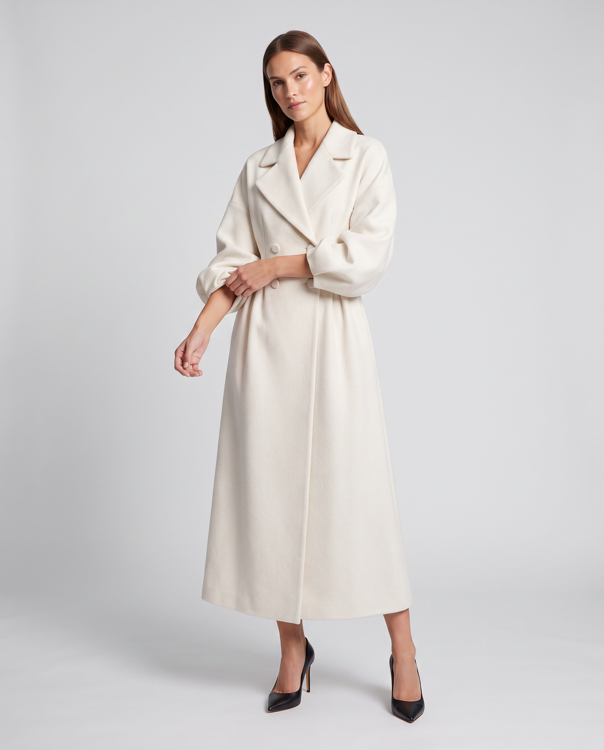 White Maxi Coat Women Double Breasted Balloon Sleeve