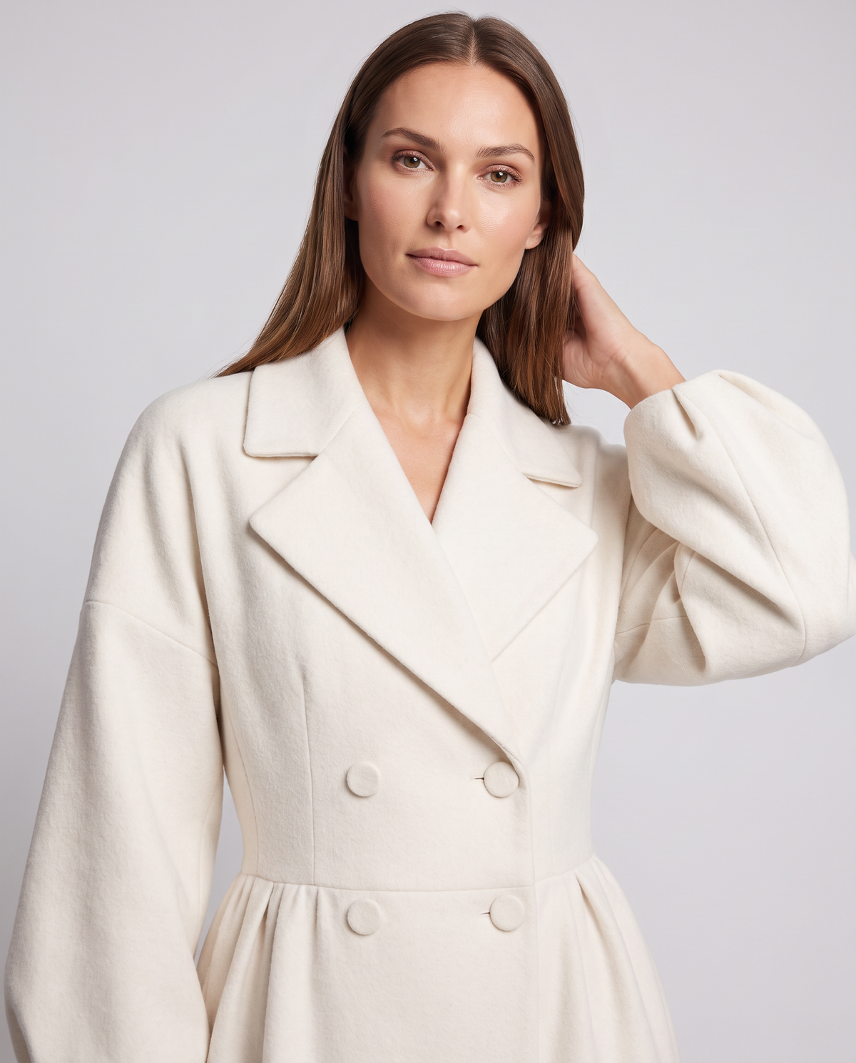 White Maxi Coat Women Double Breasted Balloon Sleeve