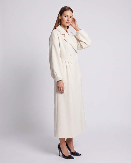 White Maxi Coat Women Double Breasted Balloon Sleeve