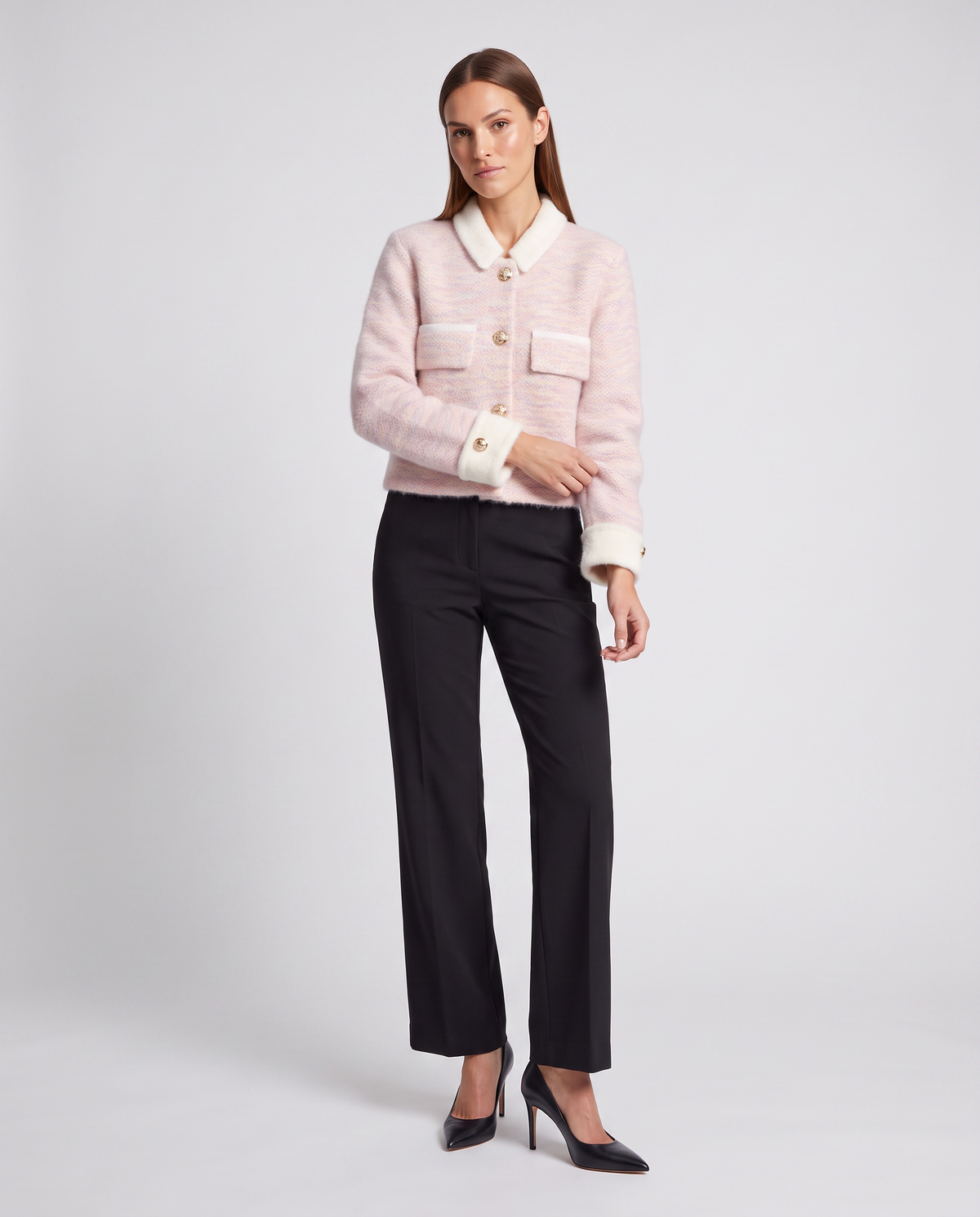 Fuzzy Knit Cardigan Women – Pink Cropped with Contrast Collar