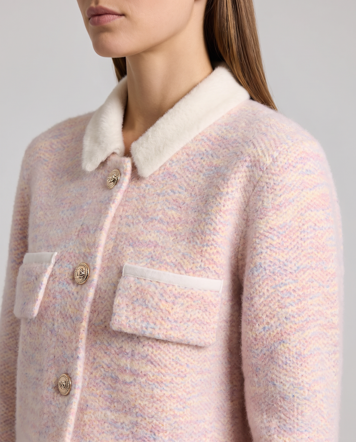 Fuzzy Knit Cardigan Women – Pink Cropped with Contrast Collar