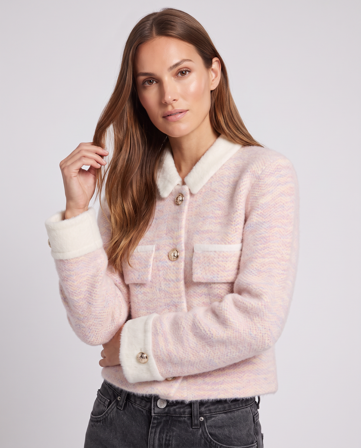 Fuzzy Knit Cardigan Women – Pink Cropped with Contrast Collar