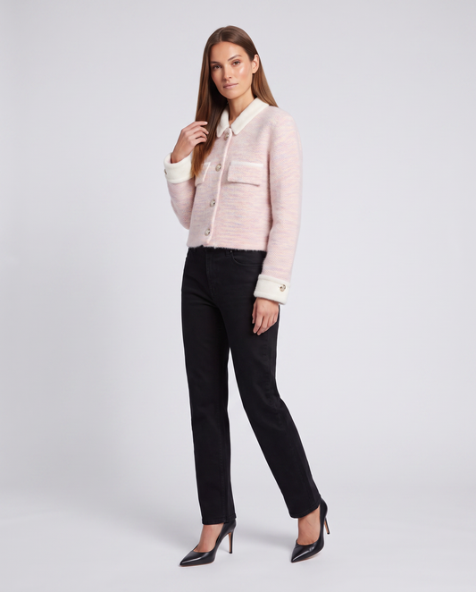 Fuzzy Knit Cardigan Women – Pink Cropped with Contrast Collar