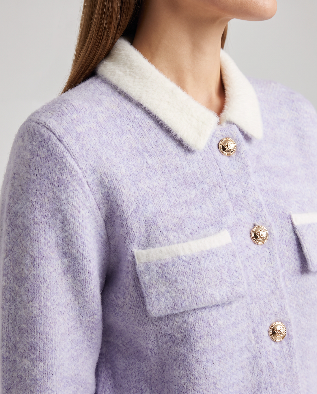 Fuzzy Knit Cardigan Women – Pink Cropped with Contrast Collar
