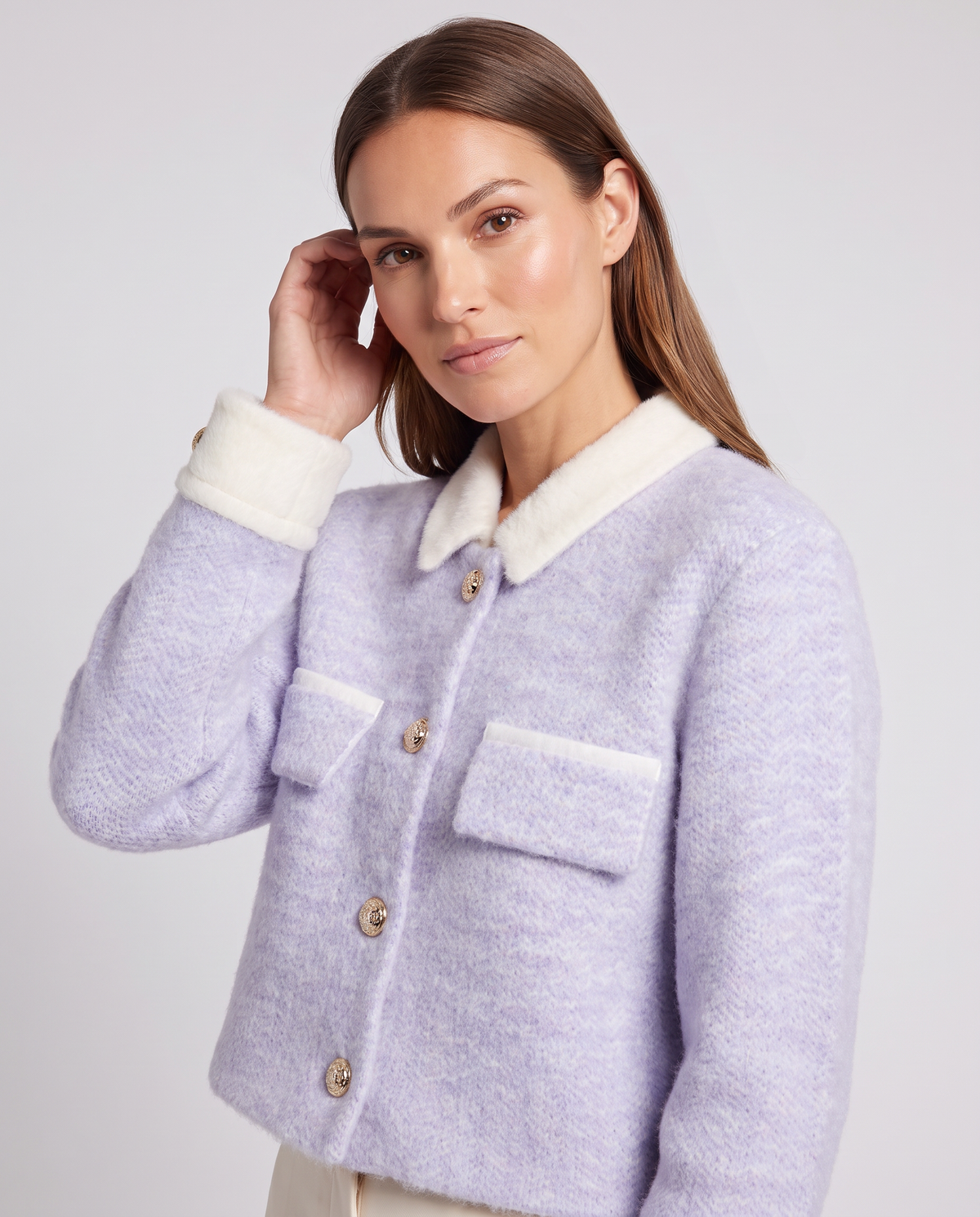Fuzzy Knit Cardigan Women – Pink Cropped with Contrast Collar