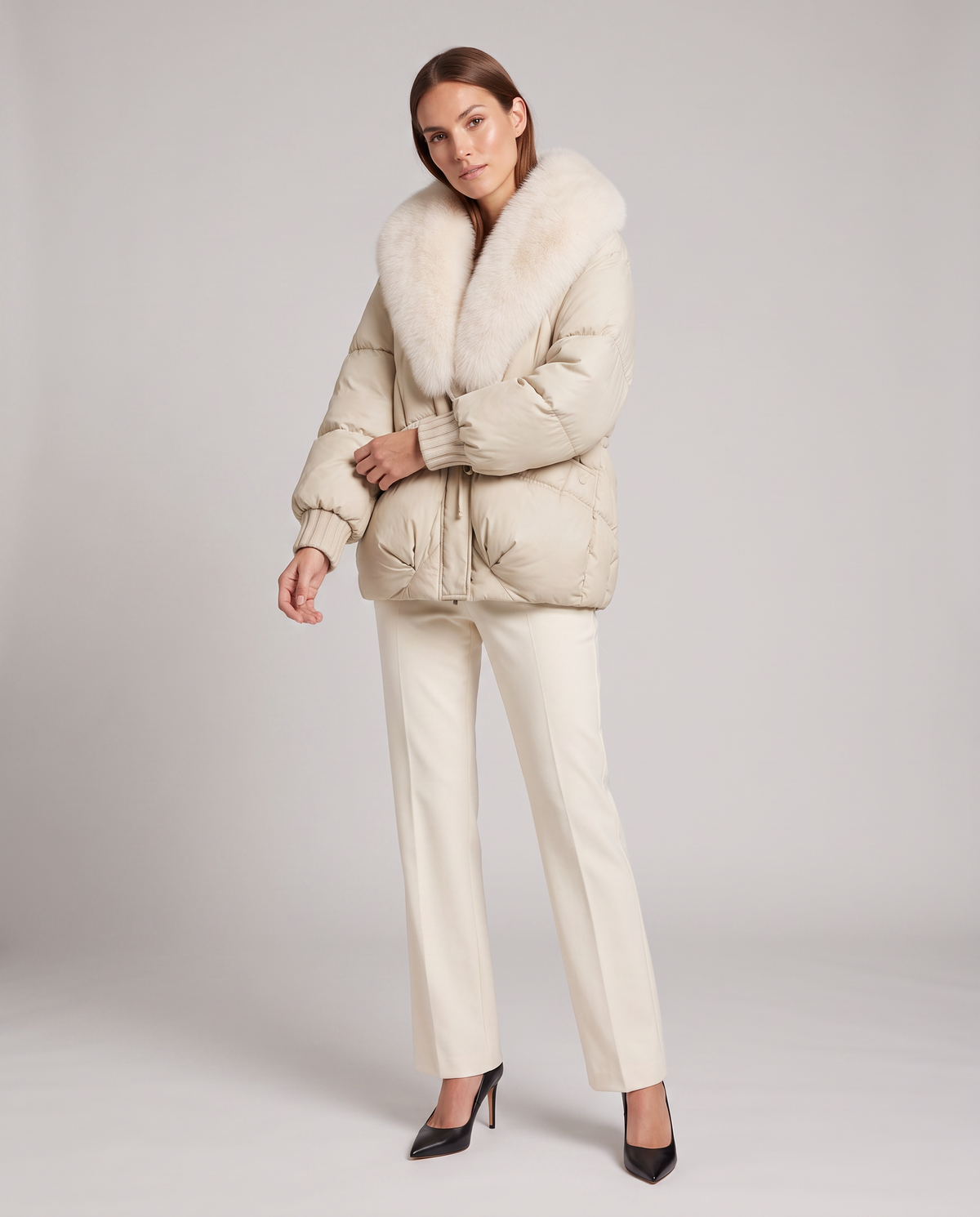 Women's Beige Padded Puffer Jacket with Oversized Faux Fur Collar
