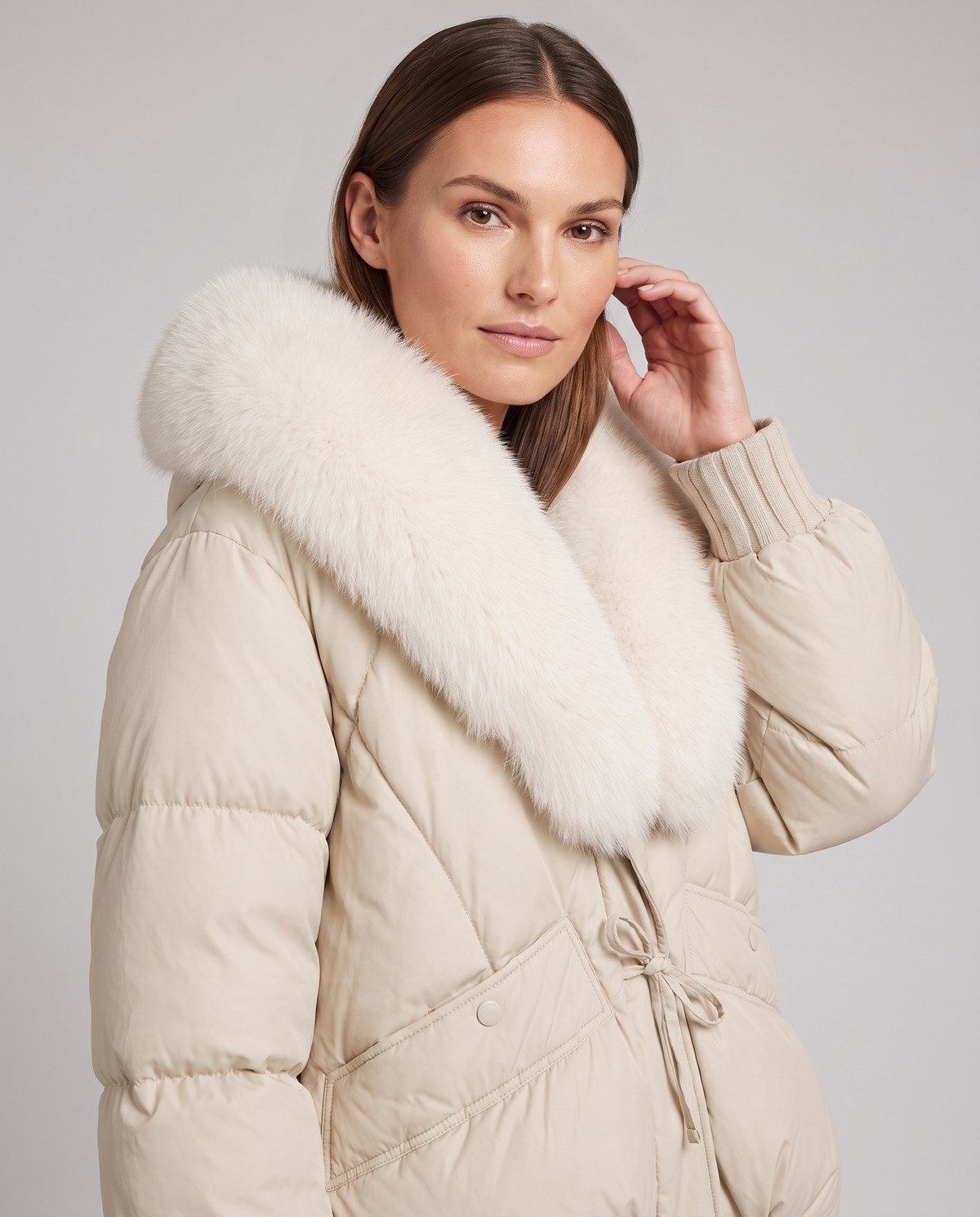 Women's Beige Padded Puffer Jacket with Oversized Faux Fur Collar