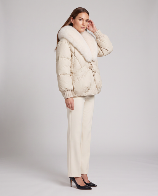 Women's Beige Padded Puffer Jacket with Oversized Faux Fur Collar