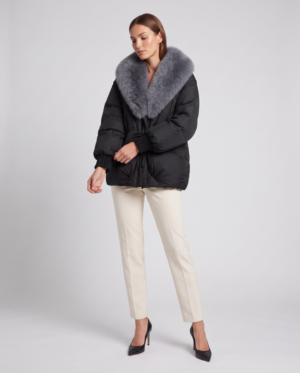 Women's Beige Padded Puffer Jacket with Oversized Faux Fur Collar