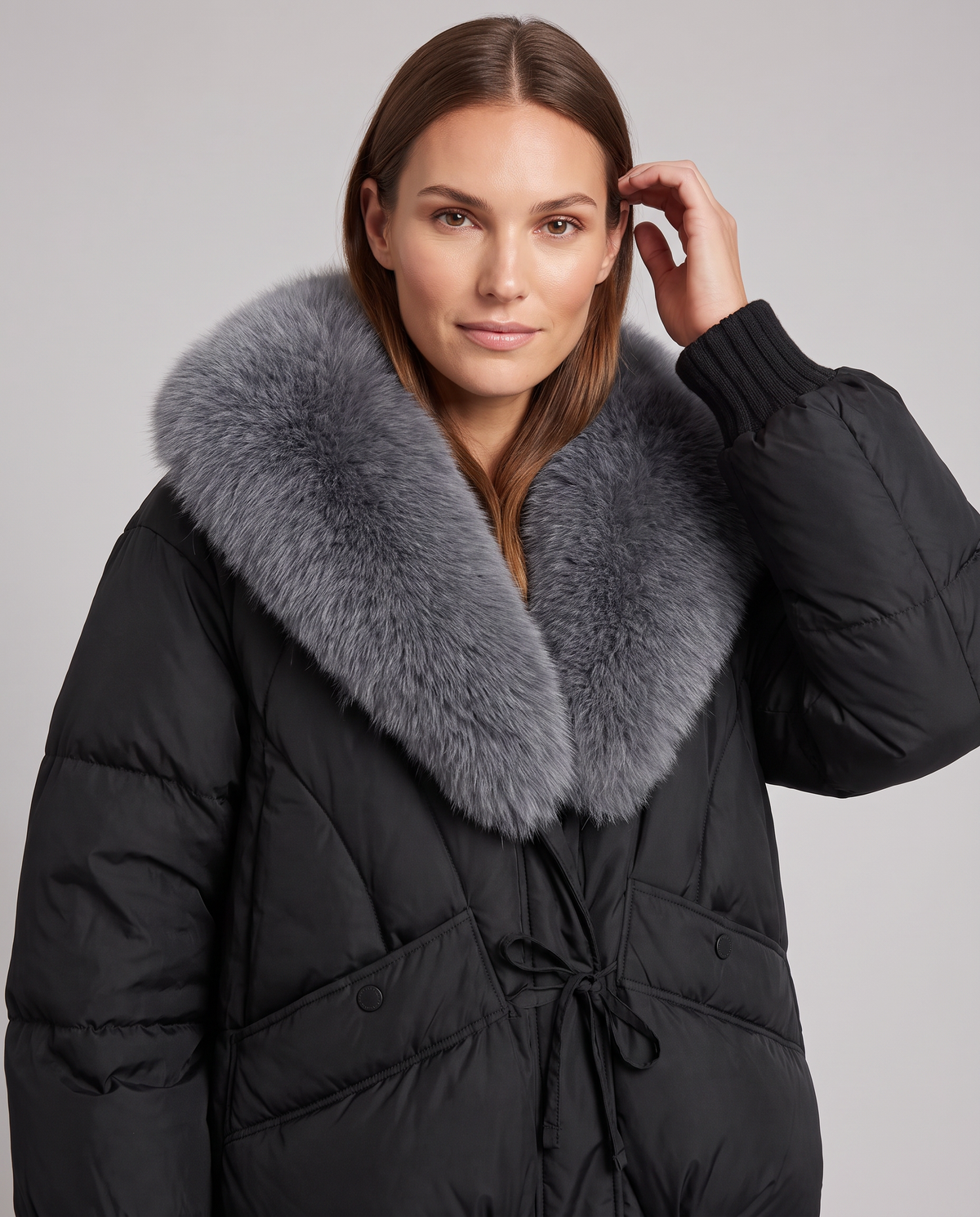 Women's Beige Padded Puffer Jacket with Oversized Faux Fur Collar