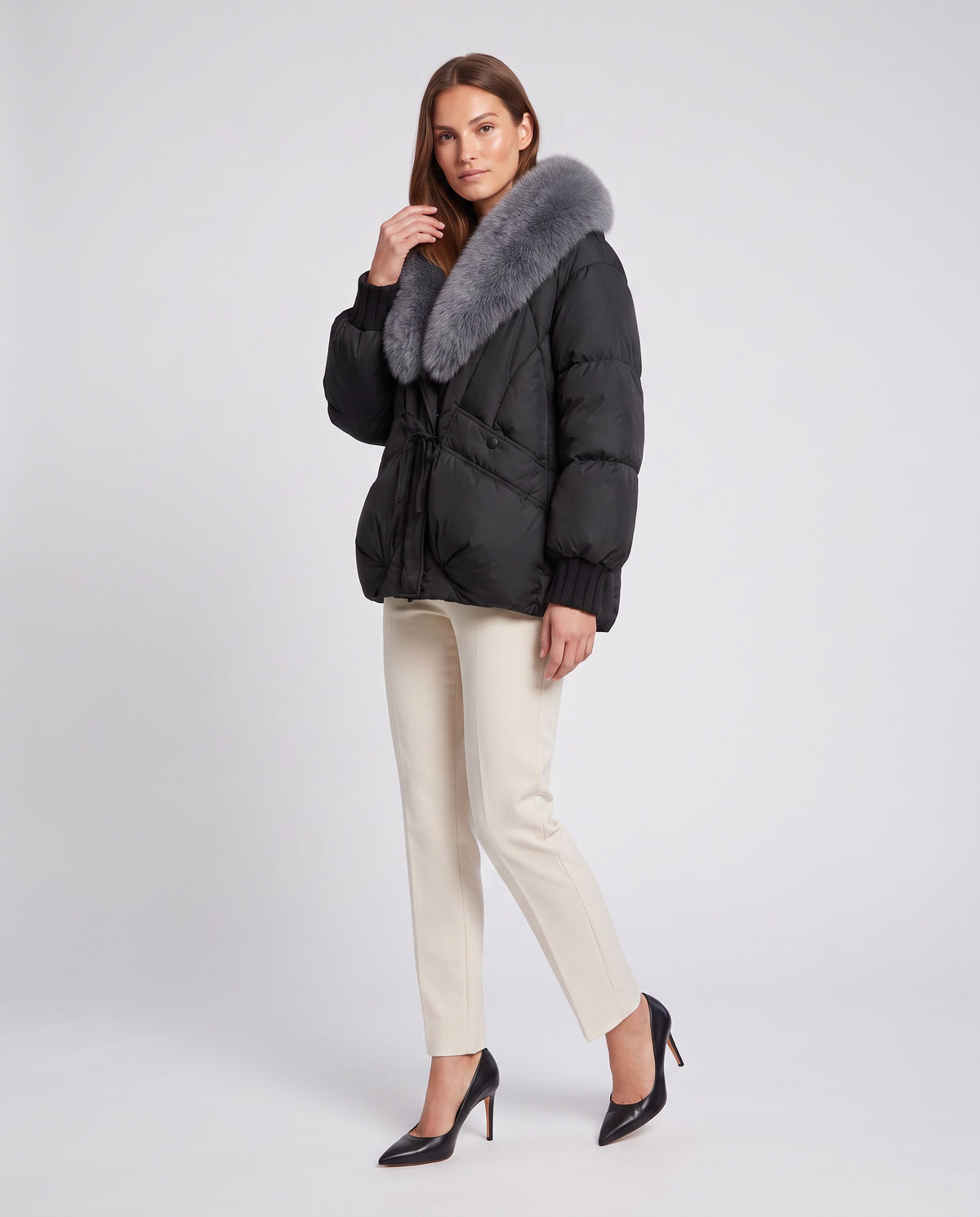 Women's Beige Padded Puffer Jacket with Oversized Faux Fur Collar