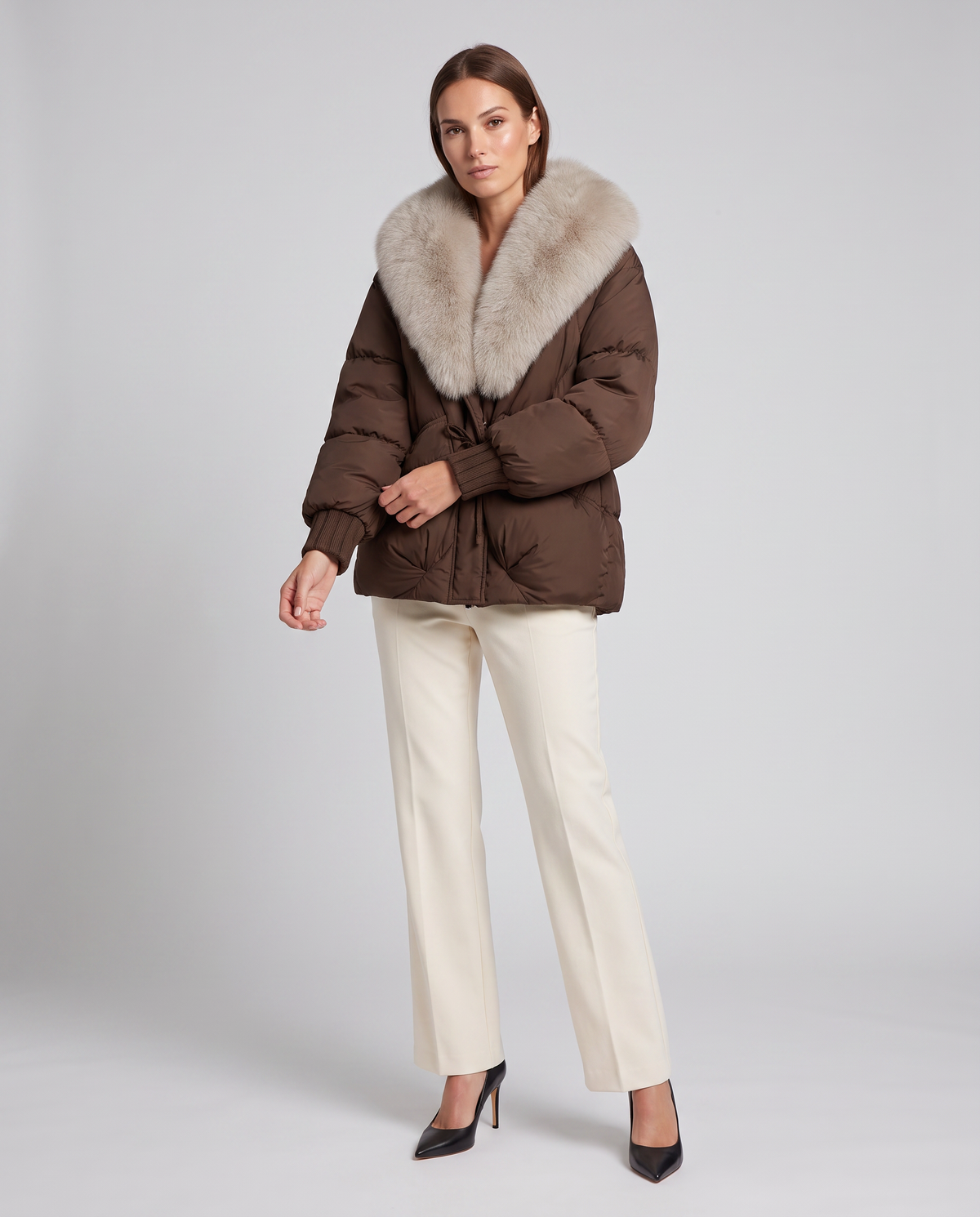Brown Puffer Jacket with Faux Fur Collar – Cropped Winter Style