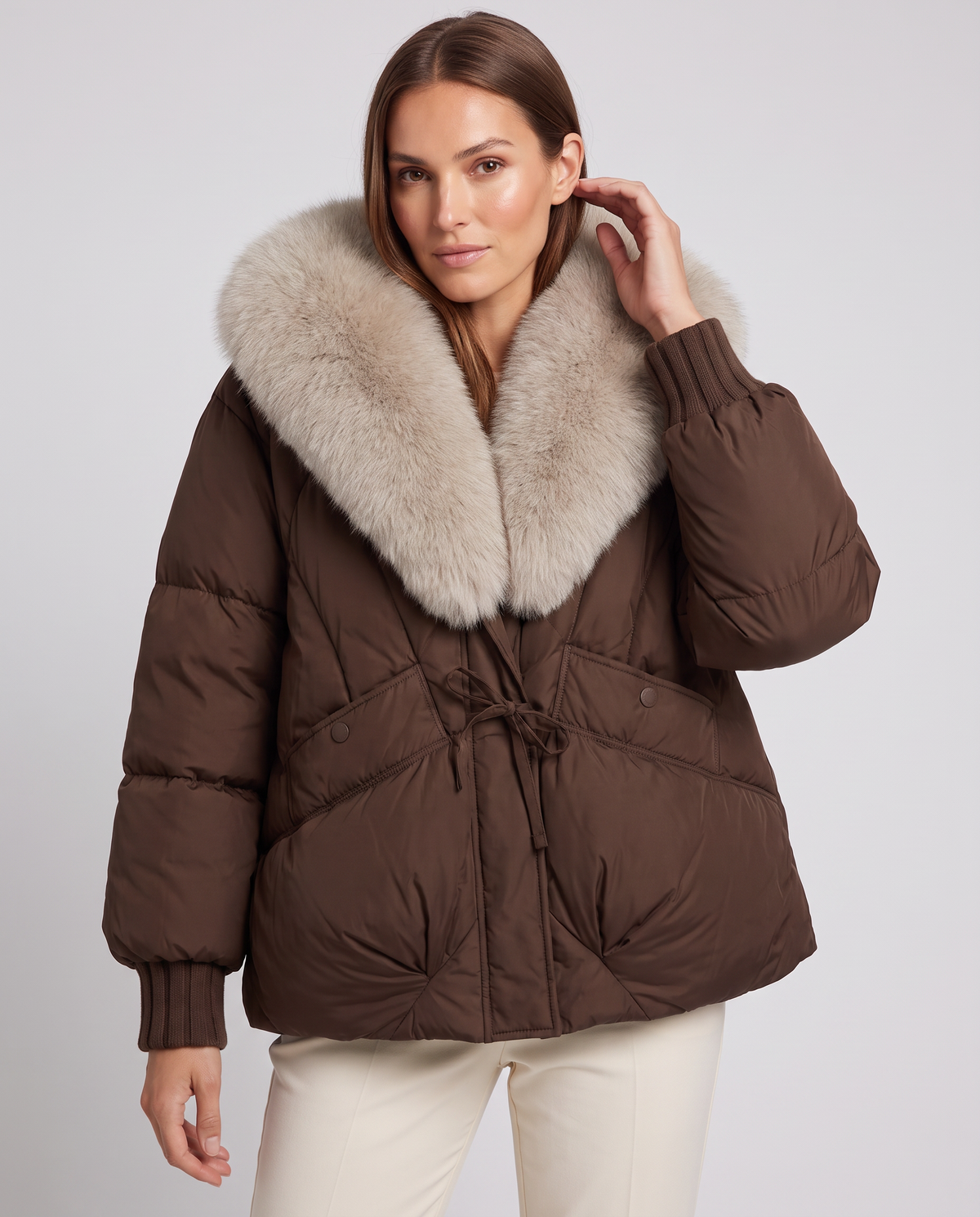 Brown Puffer Jacket with Faux Fur Collar – Cropped Winter Style