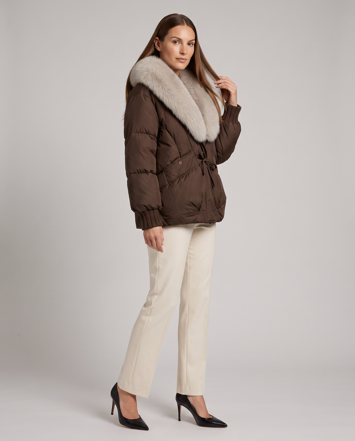 Brown Puffer Jacket with Faux Fur Collar – Cropped Winter Style