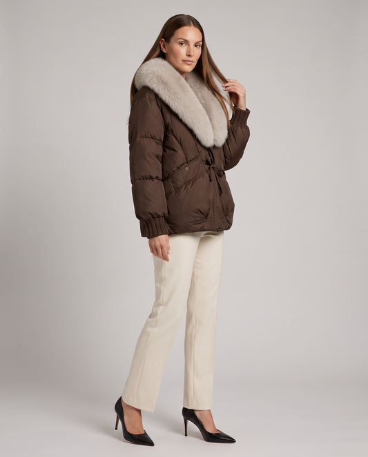 Brown Puffer Jacket with Faux Fur Collar – Cropped Winter Style