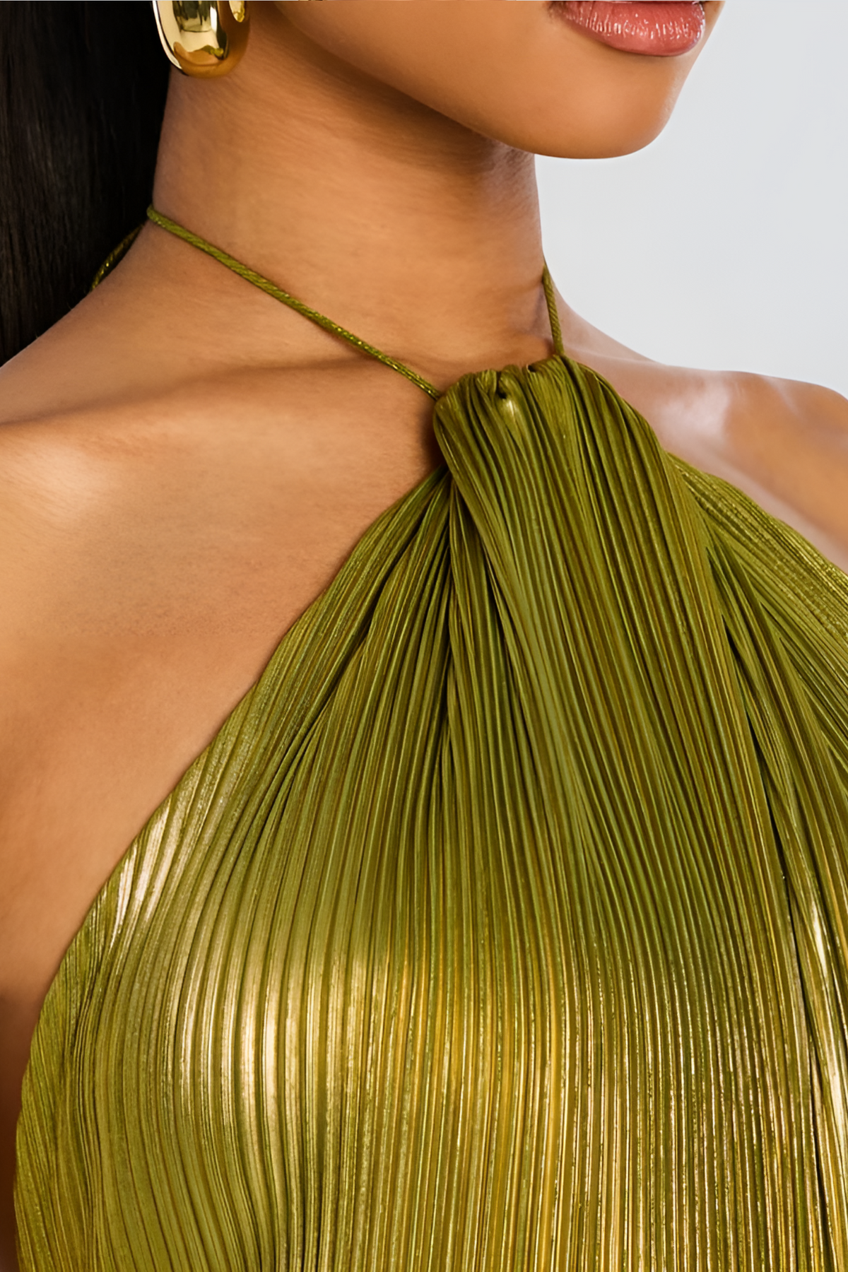 Metallic Peridot Maxi Dress with Halter Neckline