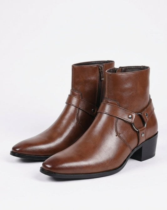 Men's Leather Harness Ankle Boots with Pointed Toe & Stacked Heel