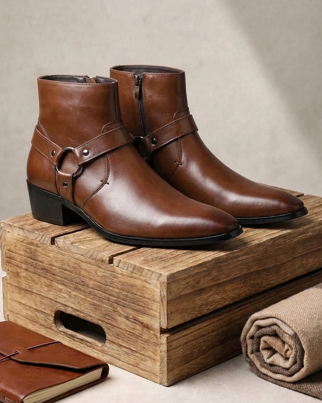 Men's Leather Harness Ankle Boots with Pointed Toe & Stacked Heel