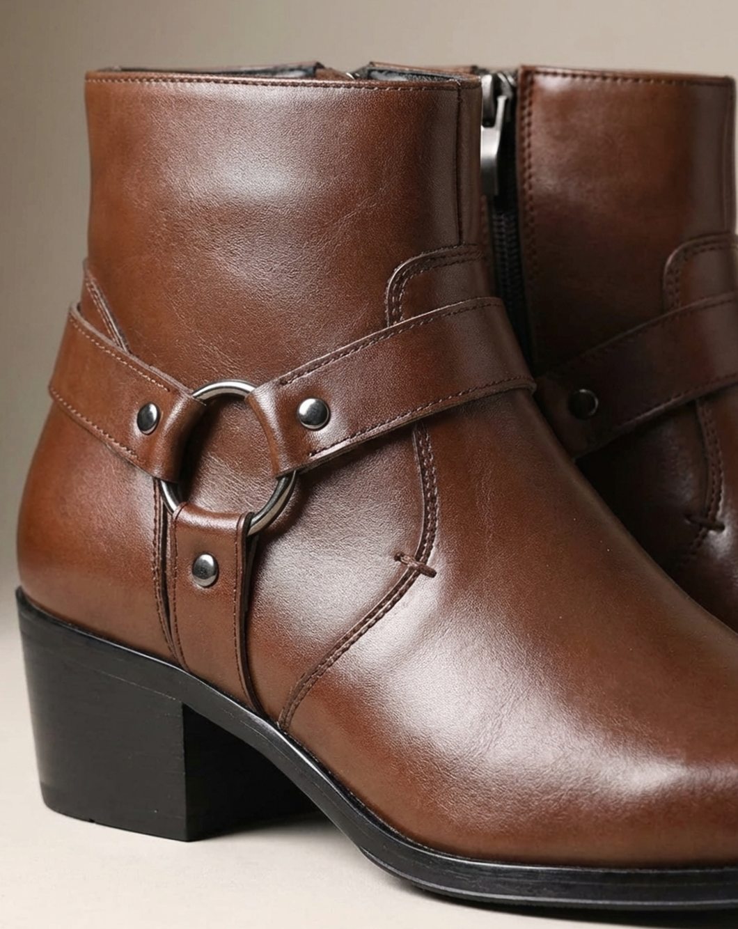 Men's Leather Harness Ankle Boots with Pointed Toe & Stacked Heel