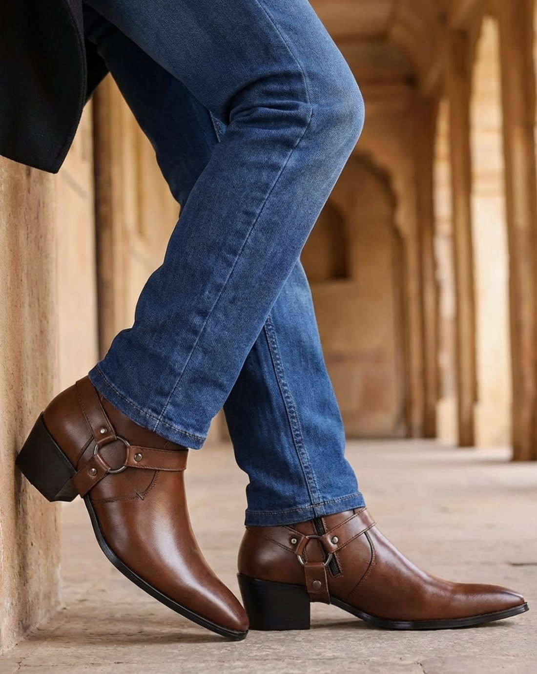 Men's Leather Harness Ankle Boots with Pointed Toe & Stacked Heel