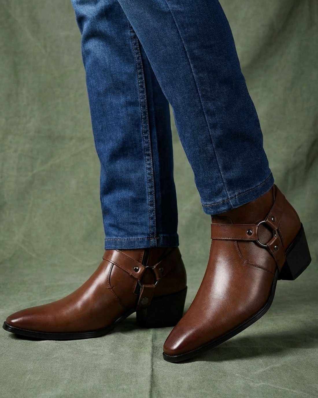 Men's Leather Harness Ankle Boots with Pointed Toe & Stacked Heel