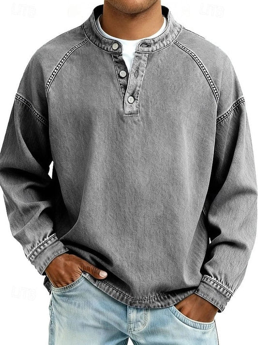 Men's Retro Washed Henley Long-Sleeve Pullover Sweater
