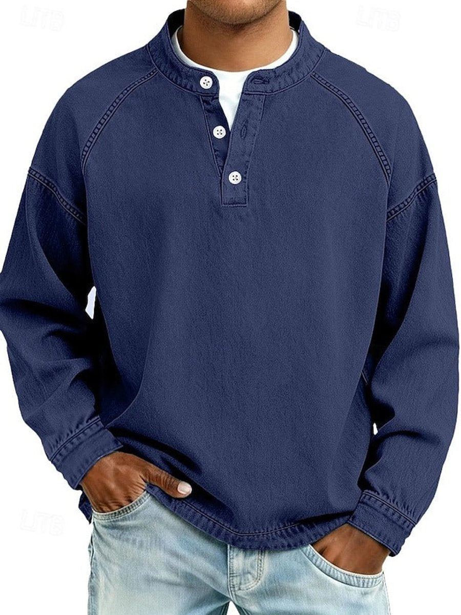 Men's Retro Washed Henley Long-Sleeve Pullover Sweater
