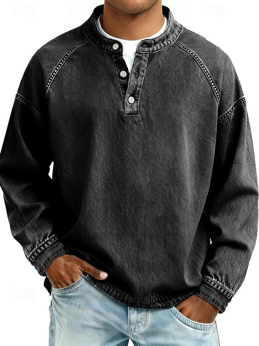 Men's Retro Washed Henley Long-Sleeve Pullover Sweater