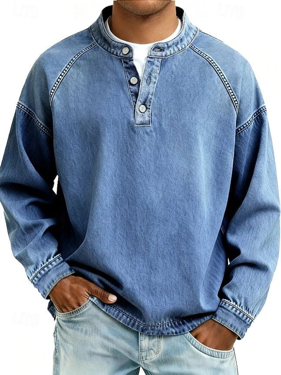 Men's Retro Washed Henley Long-Sleeve Pullover Sweater