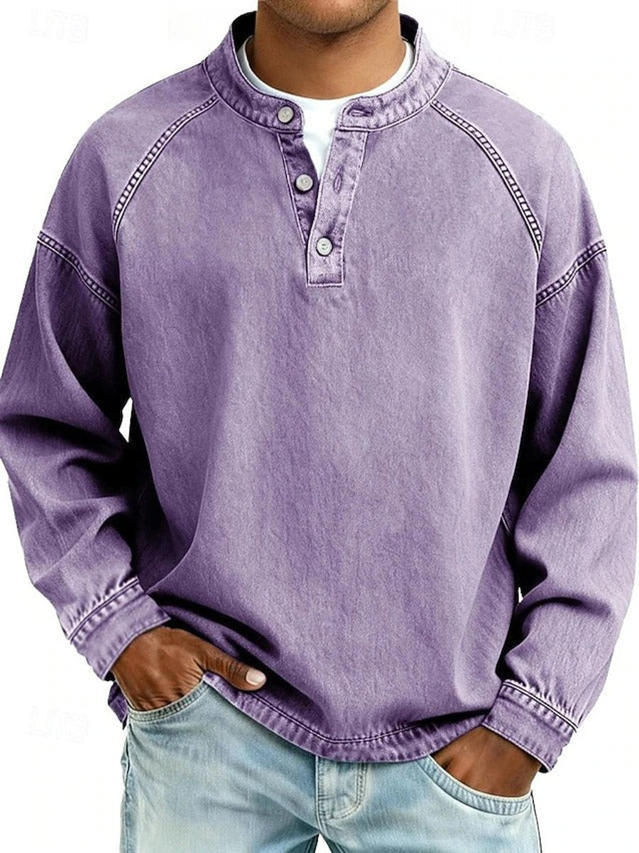 Men's Retro Washed Henley Long-Sleeve Pullover Sweater