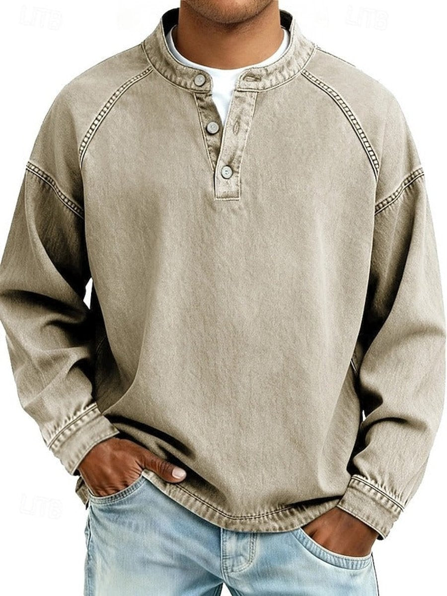 Men's Retro Washed Henley Long-Sleeve Pullover Sweater