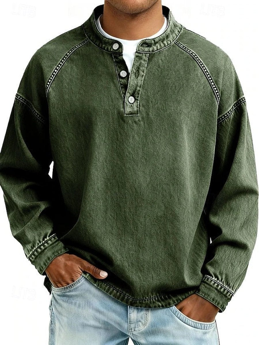 Men's Retro Washed Henley Long-Sleeve Pullover Sweater