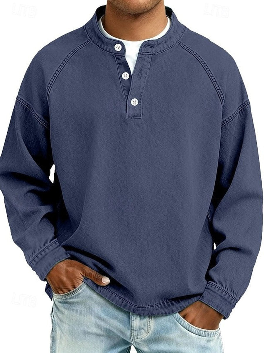 Men's Retro Washed Henley Long-Sleeve Pullover Sweater