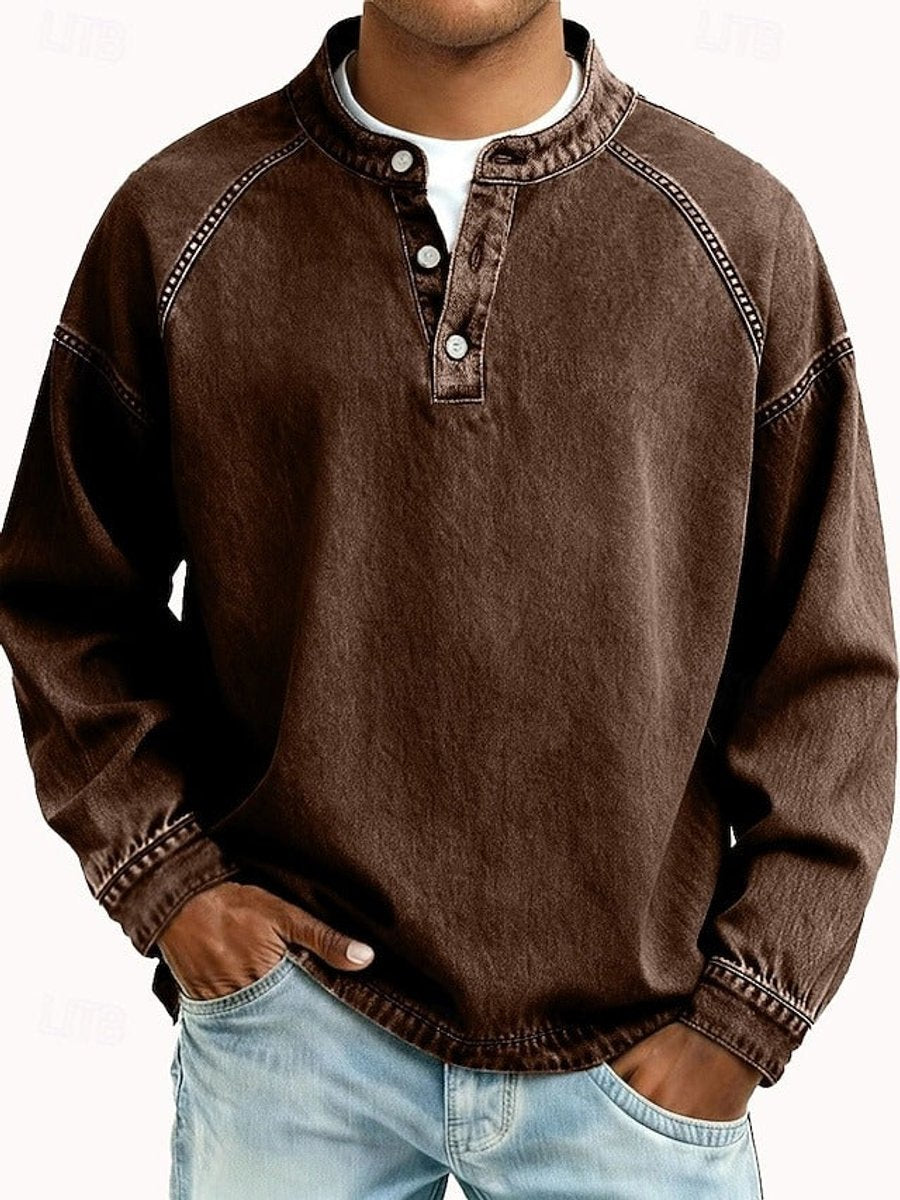 Men's Retro Washed Henley Long-Sleeve Pullover Sweater